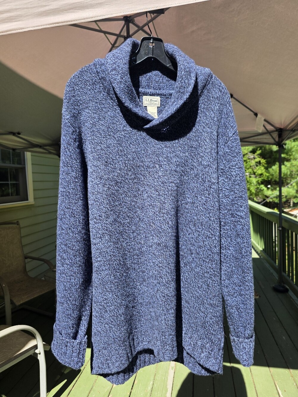 LLBean Womens Vintage Blue Lambswool Shawl Collar Patch Elbow Sweater XL
